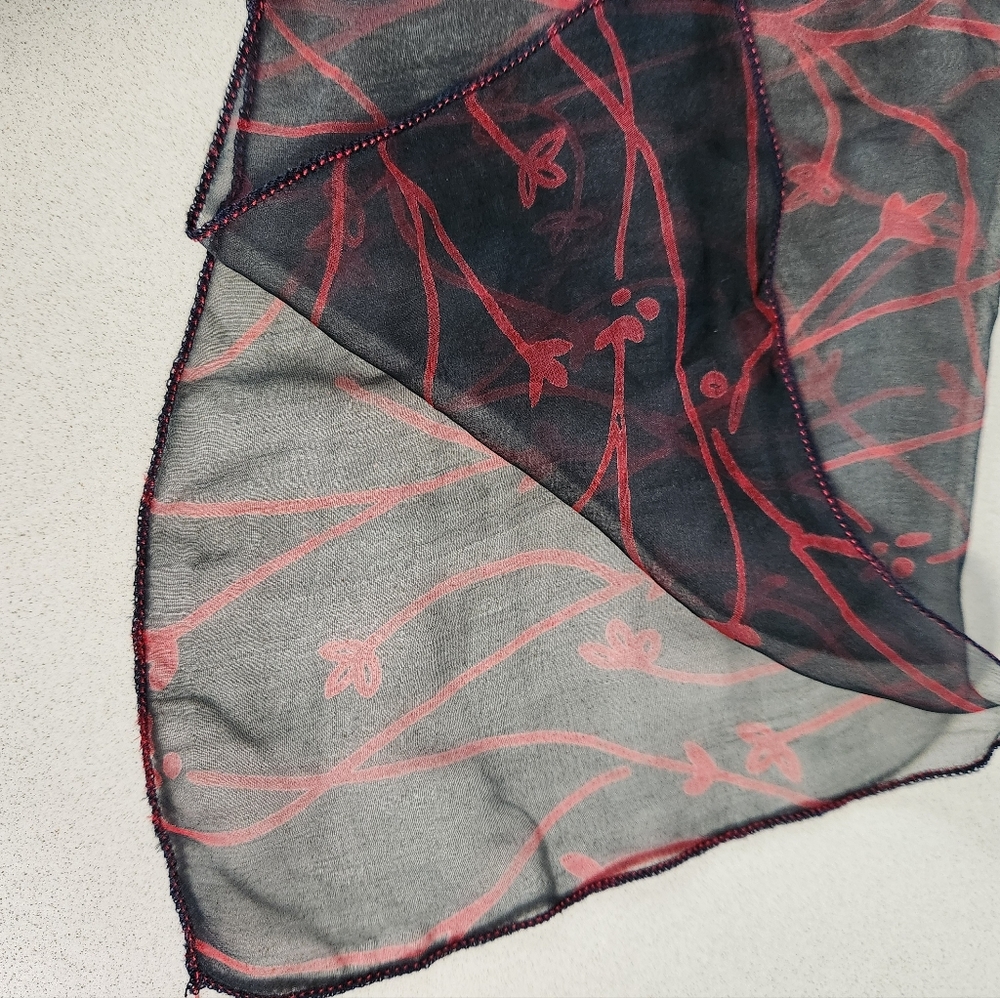 Navy Chiffon Silk Scarf with Red Vine Print - Picture 4 of 8